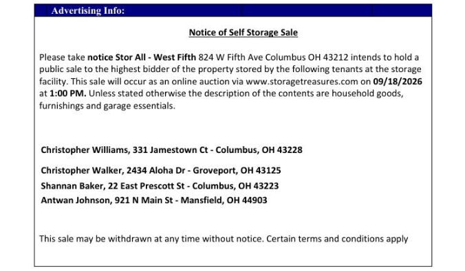 stor all auction on 824 West Fifth Ave Columbus, OH 43212
