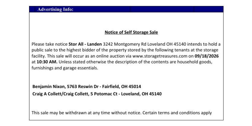 stor all auction on 3242 Montgomery Rd Cincinnati, OH 45140