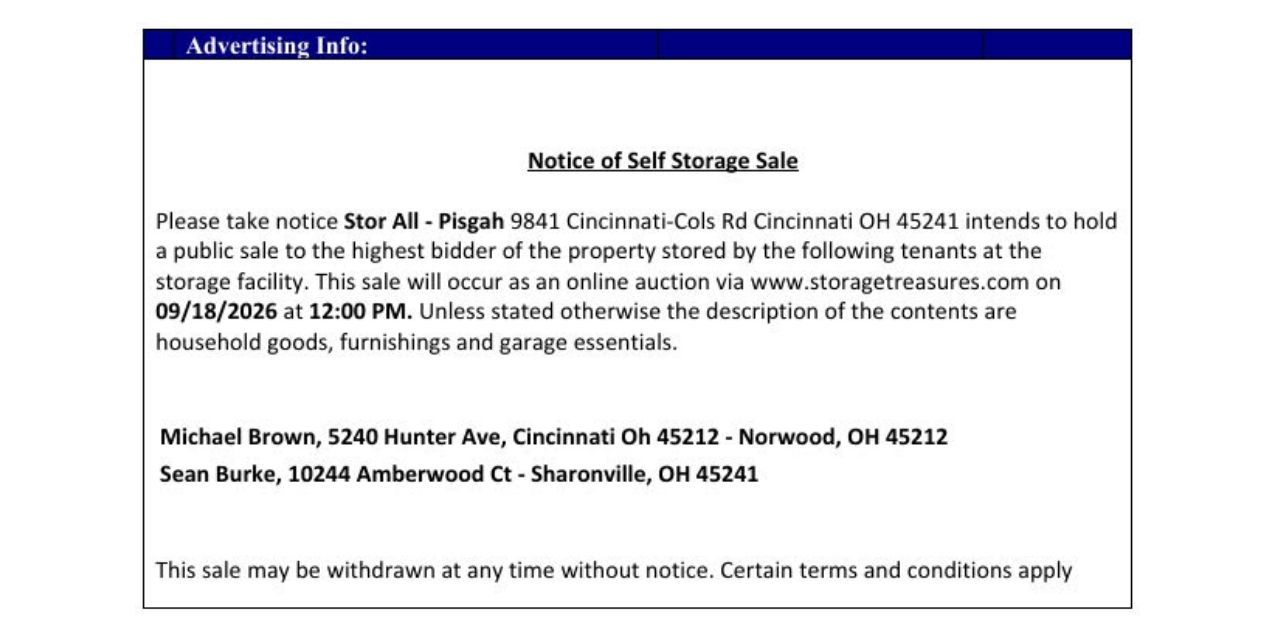 stor all auction on 9841 Cincinnati-Columbus Rd Cincinnati, OH 45241