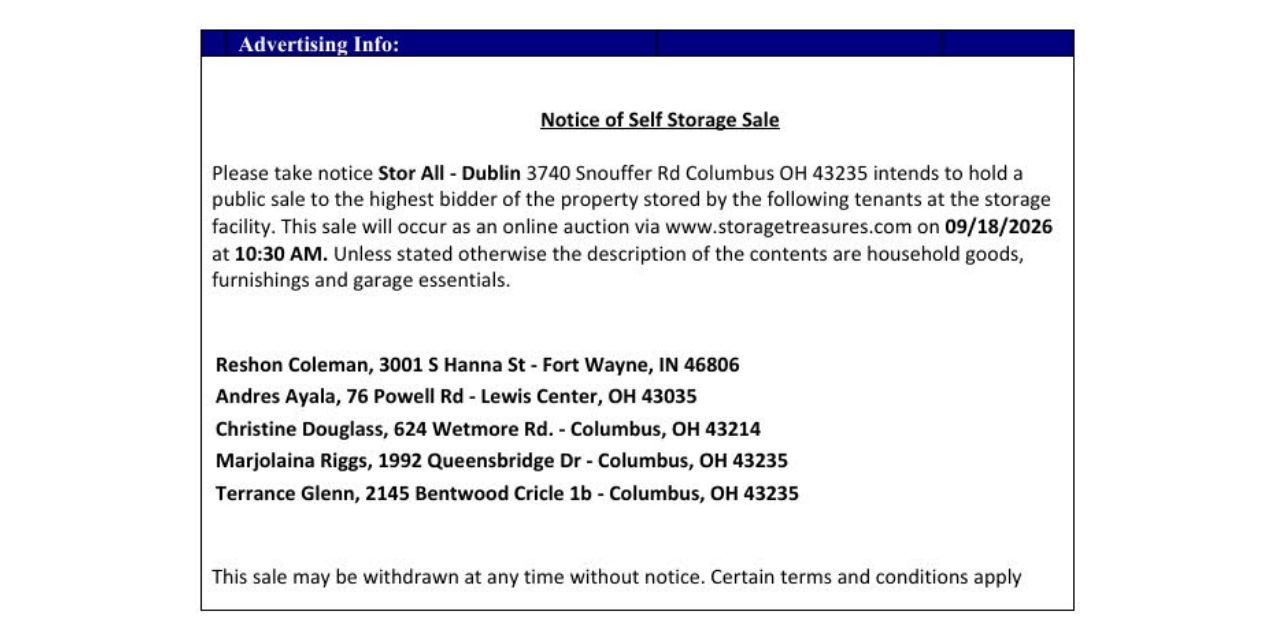 stor all auction on 3740 Snouffer Road, Columbus, Ohio. 