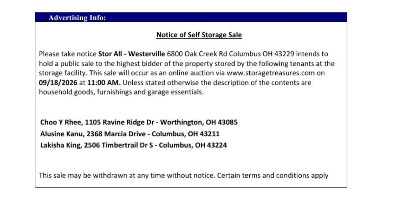 stor all auction on 6800 Oak Creek Road, Columbus, Ohio.