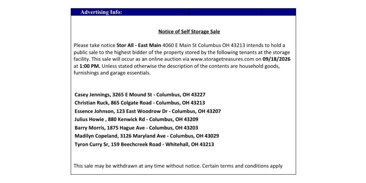 stor all auction on 4060 E Main St Columbus, OH 43213